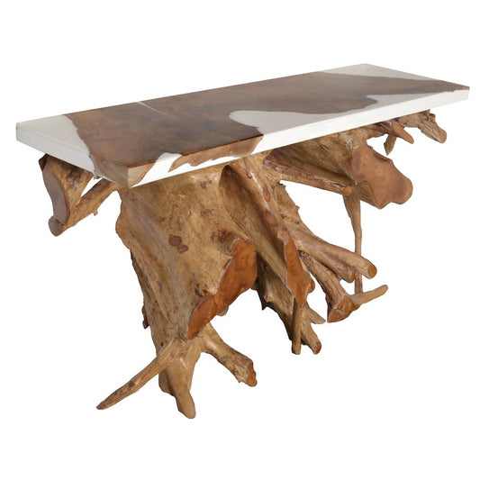 60 Inch Teak Root Console Table White Resin
