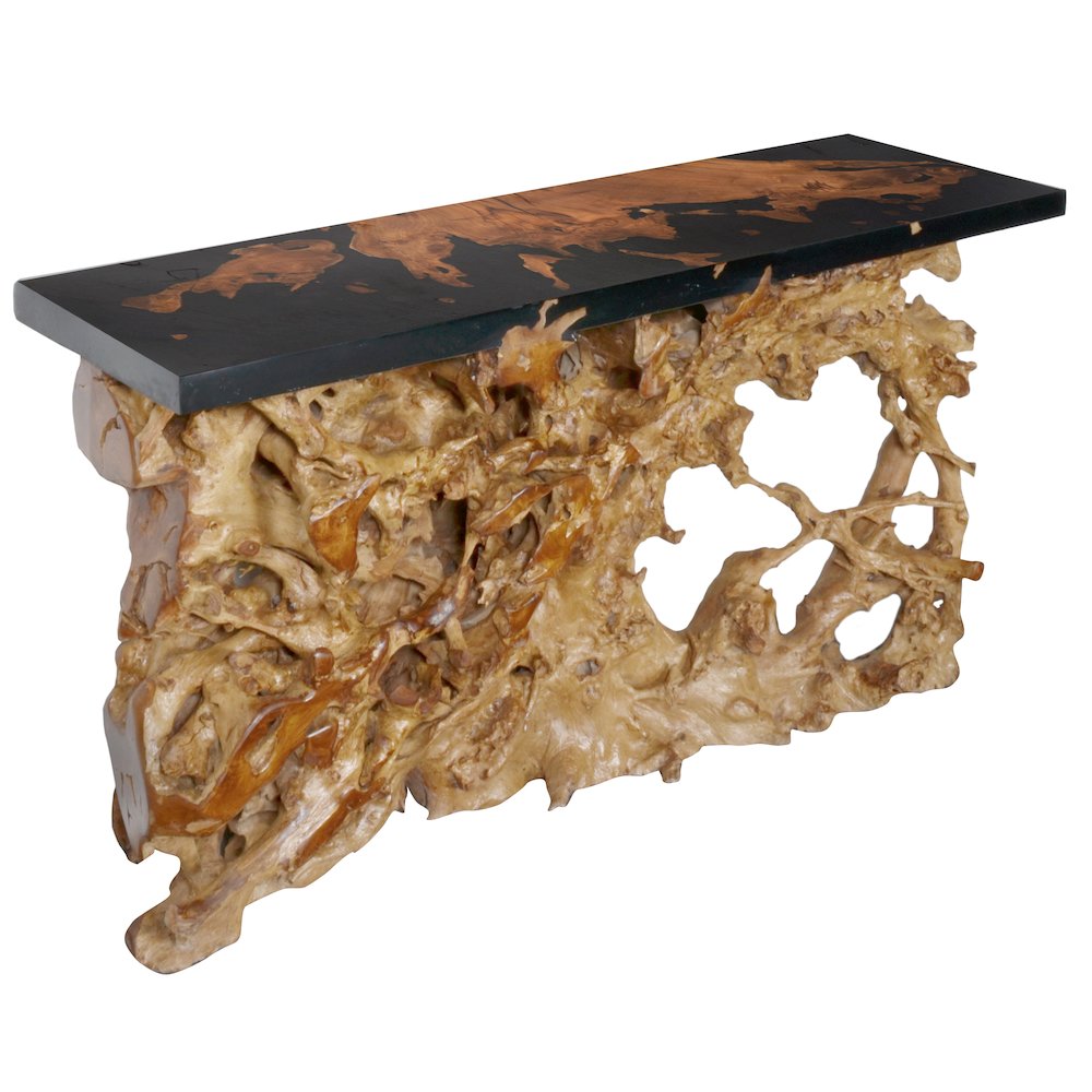 60 Inch Teak Root Console Table Black Resin