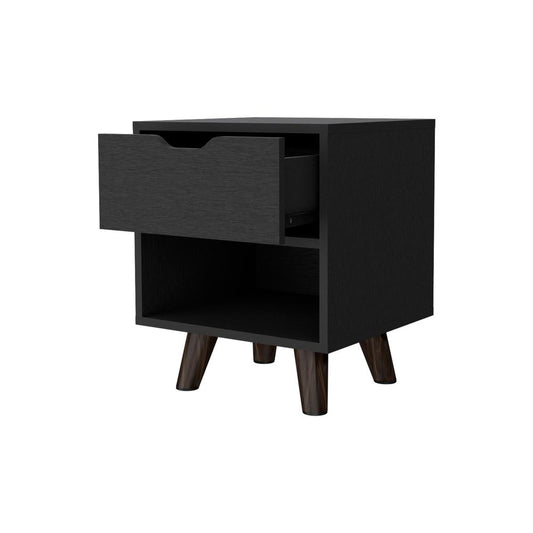 Nightstand with Spacious Drawer, Open Storage Shelf and Chic Wooden Legs, Black