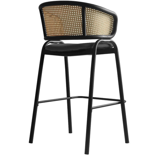 Ervilla Wicker Bar Stool with Fabric Seat and Black Steel Frame - Black Leather