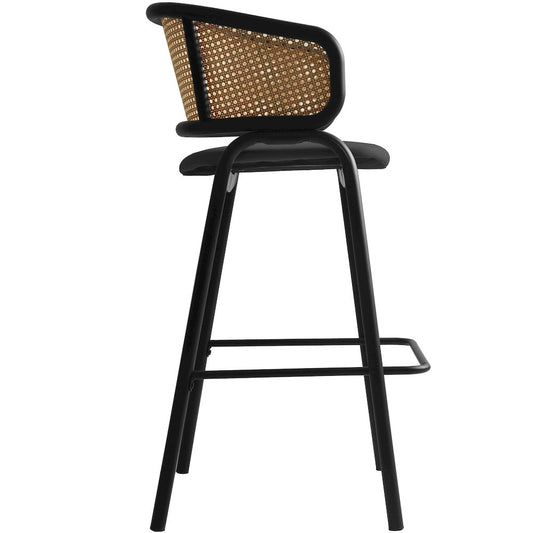 Wicker Bar Stool with Fabric Seat and Black Steel Frame Black Leather Set of 2