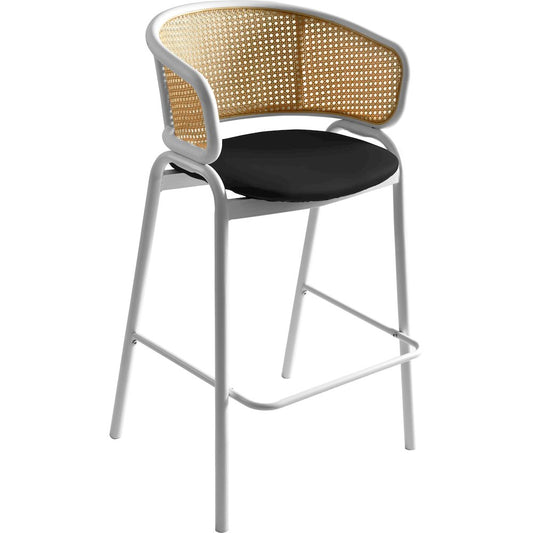 Ervilla Wicker Bar Stool with Fabric Seat and White Steel Frame - Black leather