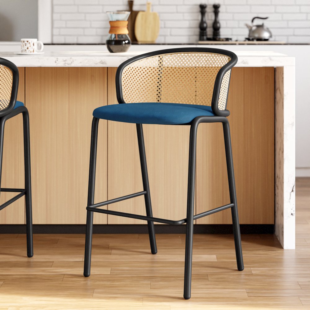 Ervilla Mid-Century Modern Wicker Bar Stool in Navy Blue