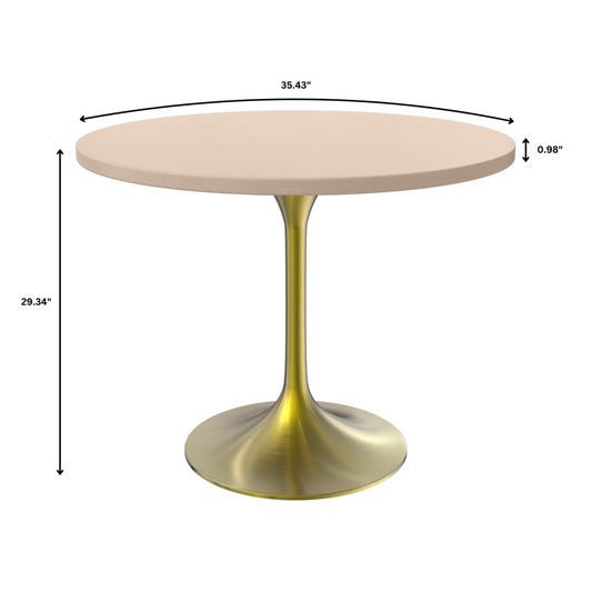 Verve 36" Round Dining Table, Brushed Gold Base with Light Natural Wood MDF Top