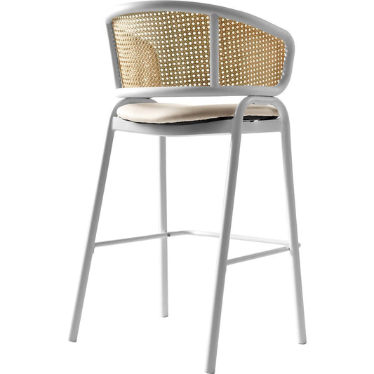 Wicker Bar Stool with Fabric Seat and White Steel Frame White leather Set of 2