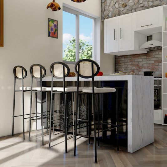 Euston Modern Wicker Bar Stool With Black Steel Frame, Set of 2 in Beige
