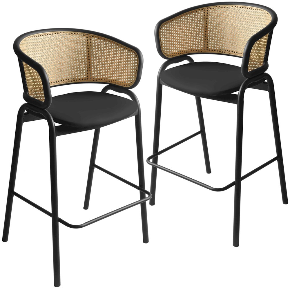 Wicker Bar Stool with Fabric Seat and Black Steel Frame Black Leather Set of 2