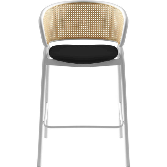 Ervilla Wicker Bar Stool with Fabric Seat and White Steel Frame - Black leather