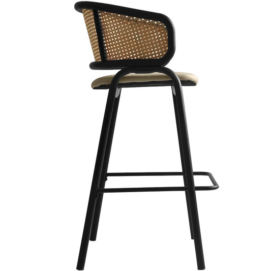 Wicker Bar Stool with Fabric Seat and Black Steel Frame Taupe Set of 2