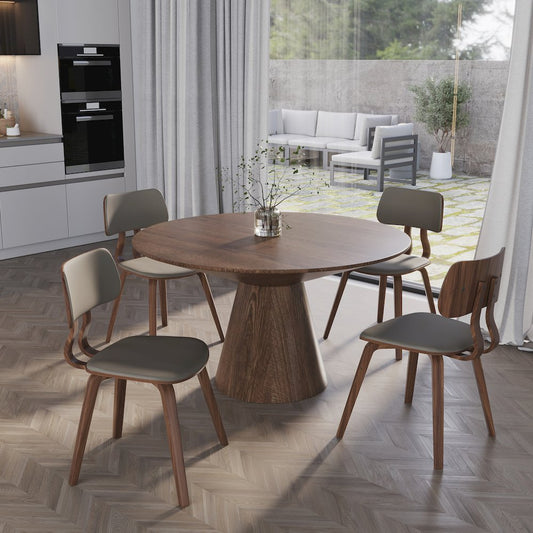 Modern Wooden Dining Chair, Walnut Color Frame in Light Grey