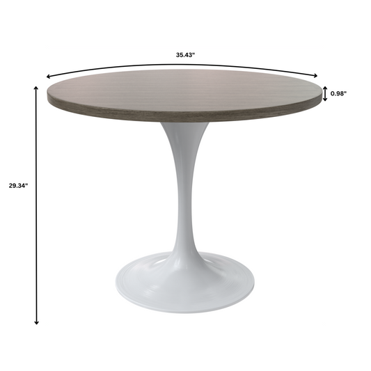 Verve 36 Round Dining Table, White Base with Dark Maple MDF Top