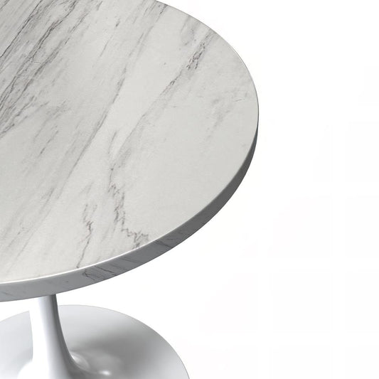 27 Round Dining Table, White Base with Laminated White Marbleized Top