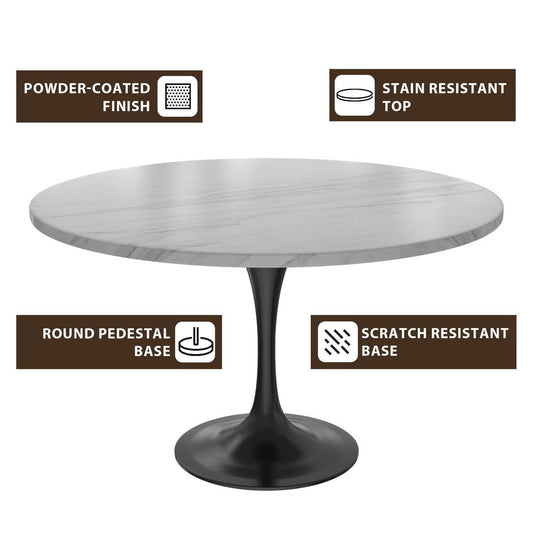 Verve Collection 48 Round Dining Table, Black Base with Sintered Stone White Top