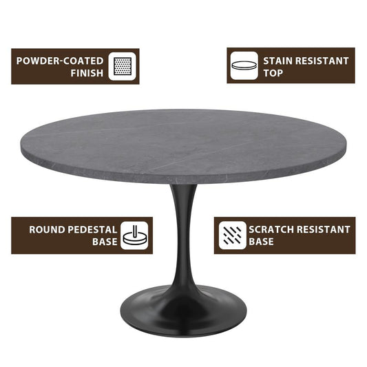 Verve Collection 48 Round Dining Table, Black Base with Sintered Stone Grey Top