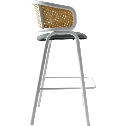 Ervilla Wicker Bar Stool with Fabric Seat and White Steel Frame - Grey leather
