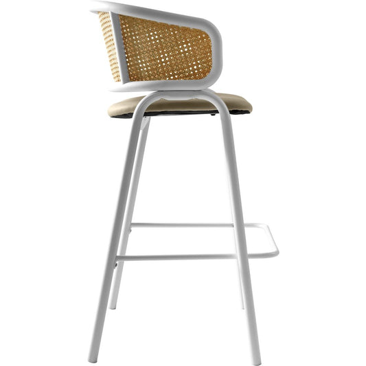 Wicker Bar Stool with Fabric Seat and White Steel Frame Taupe Set of 2