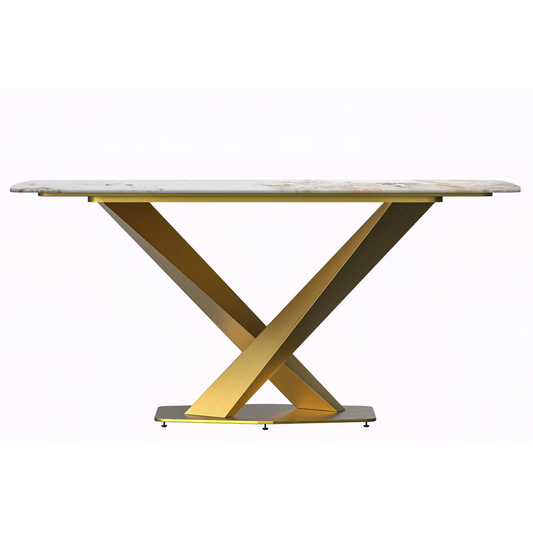 Modern Dining Table Gold Base, With 55" White Grey Sintered Stone Top