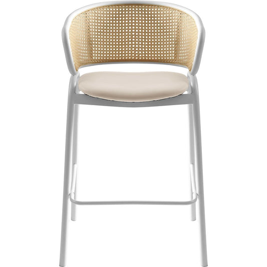 Ervilla Wicker Bar Stool with Fabric Seat and White Steel Frame - White leather