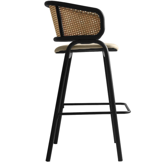 Wicker Bar Stool with Fabric Seat and Black Steel Frame Beige Leather Set of 2