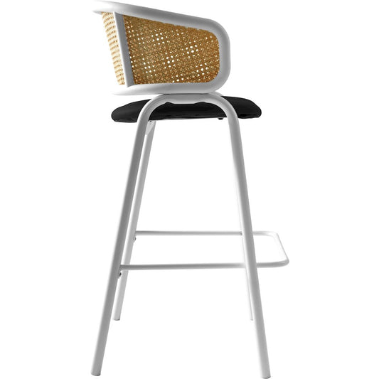 Wicker Bar Stool with Fabric Seat and White Steel Frame Black leather Set of 2