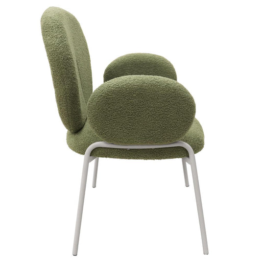 Celestial Series Boucle Dining Arm Chair, White Frame with Green Fabric