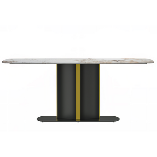 Modern Dining Table Black and Gold Base, With 55 White Grey Sintered Stone Top