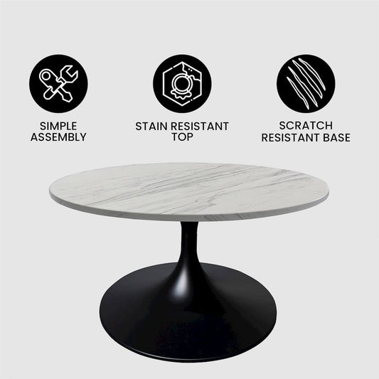 Verve Coffee Table Black base with 27" round White Marble Laminated top