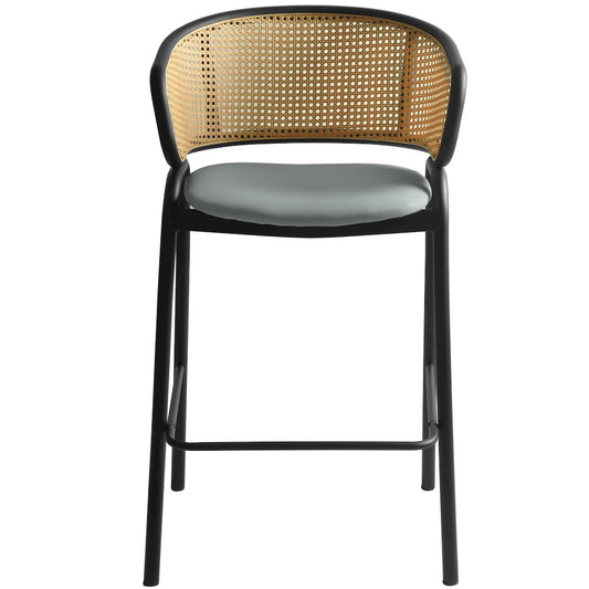 Wicker Bar Stool with Fabric Seat and Black Steel Frame Grey Leather Set of 2