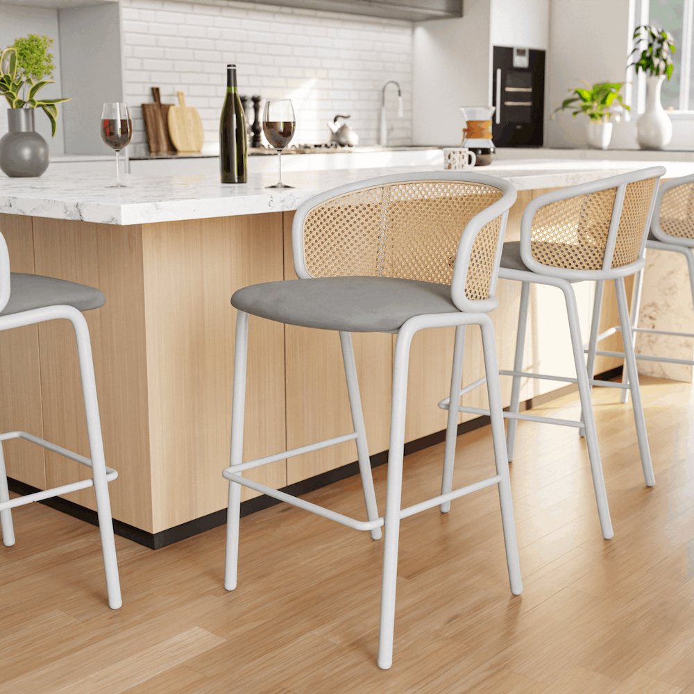 Ervilla Mid-Century Modern Wicker Bar Stool in Grey