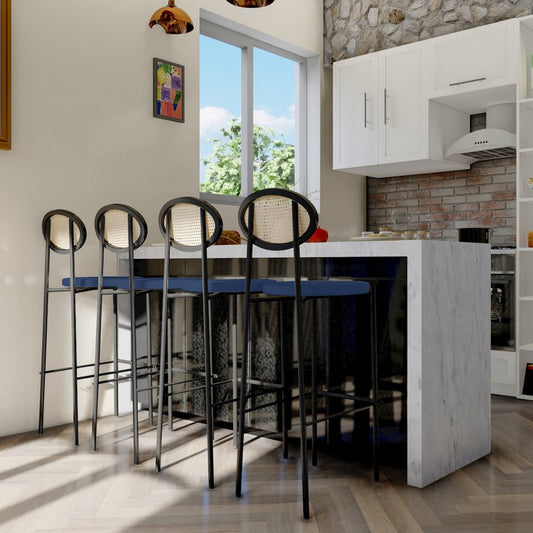 Euston Modern Wicker Bar Stool With Black Steel Frame, Set of 2 in Navy Blue