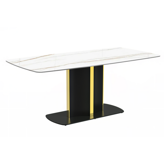 Modern Dining Table Black and Gold Base, With 55 White/Gold Sintered Stone Top
