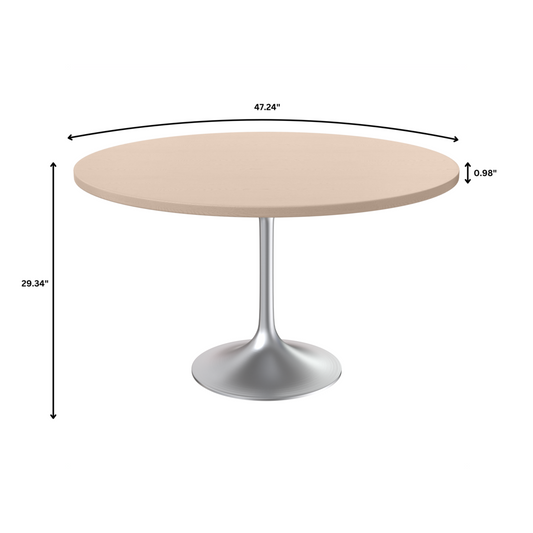 48" Round Dining Table, Brushed Chrome Base with Light Natural Wood MDF Top