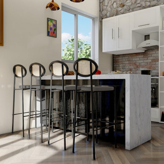 Euston Modern Wicker Bar Stool With Black Steel Frame, Set of 2 in Grey