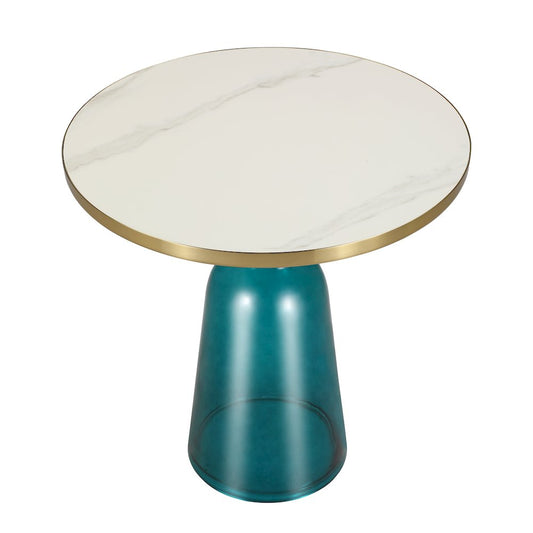 Tully Collection Glass side Table Blue glass, Gold Rim white sintered stone top