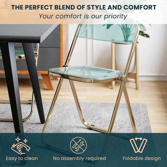 Lawrence Acrylic Folding Chair With Gold Metal Frame, Set of 2