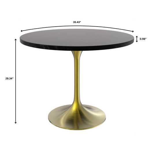 Verve 36" Round Dining Table, Brushed Gold Base with Black MDF Top