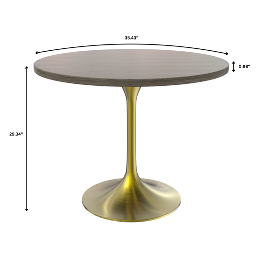 Verve 36" Round Dining Table, Brushed Gold Base with Dark Maple MDF Top
