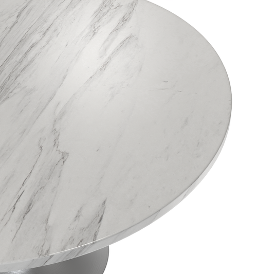 48 Round Dining Table, Brushed Chrome Base with Sintered Stone White Top