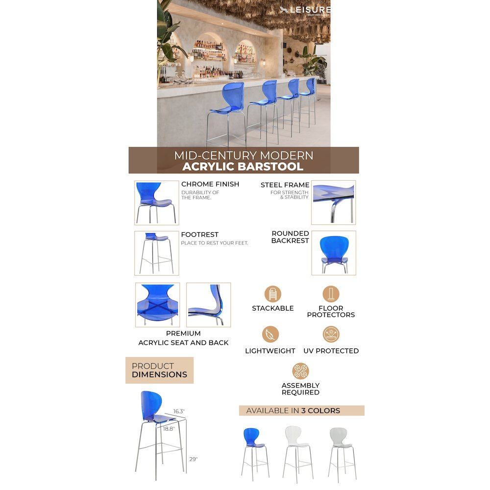 Oyster Acrylic Barstool with Steel Frame in Chrome Finish in Transparent Blue