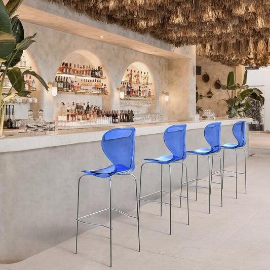 Acrylic Barstool with Steel Frame in Chrome Finish Set of 2 in Transparent Blue