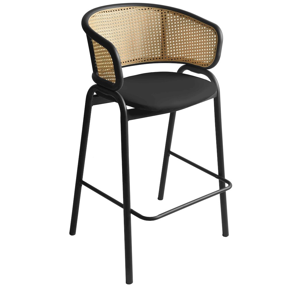Ervilla Wicker Bar Stool with Fabric Seat and Black Steel Frame - Black Leather