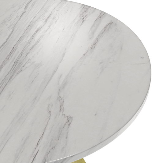 36 Round Dining Table, Brushed Gold Base with Sintered Stone White Top