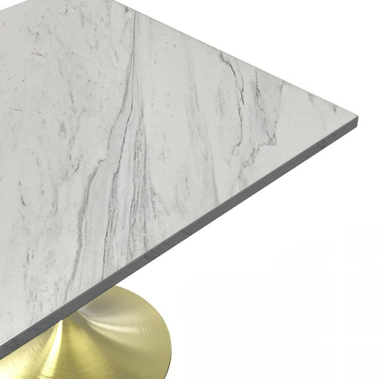 36" Square Dining Table, Brushed Gold Base with Laminated White Marbleized Top