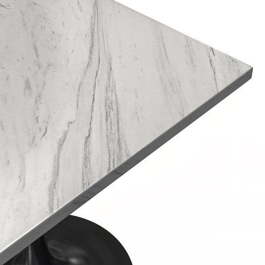 27 Square Dining Table, Black Base with Laminated White Marbleized Top