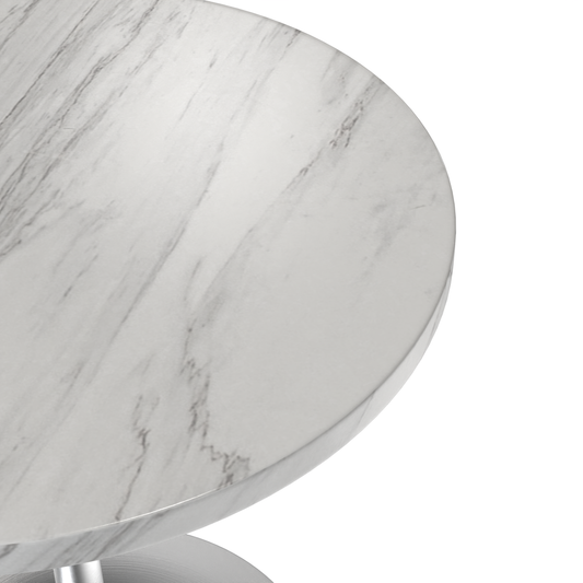 27 Round Dining Table, Brushed Chrome Base with Sintered Stone White Top