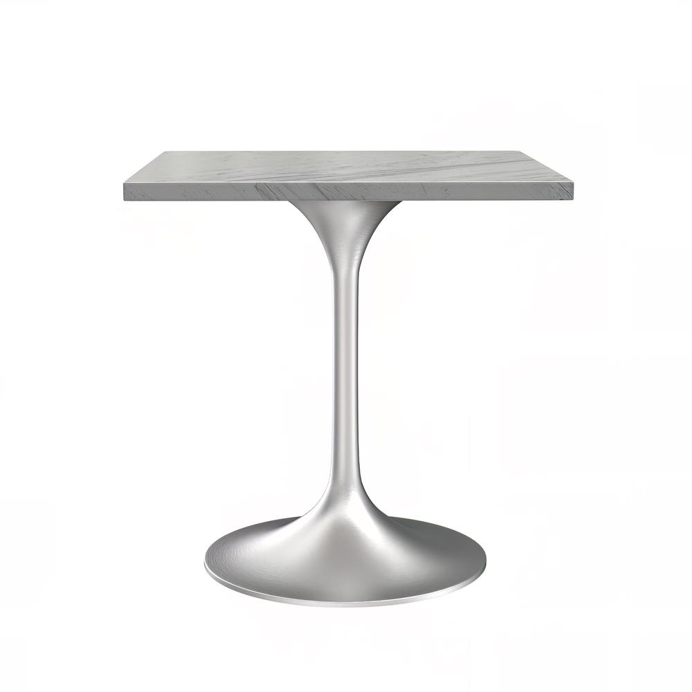 27 Square Dining Table, Brushed Base with Laminated White Marbleized Top