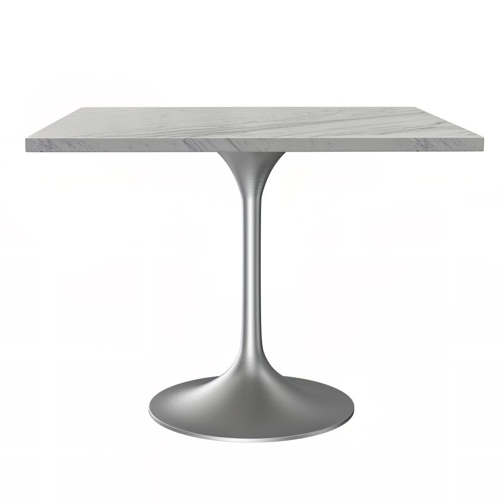 36 Square Dining Table, Brushed Base with Laminated White Marbleized Top