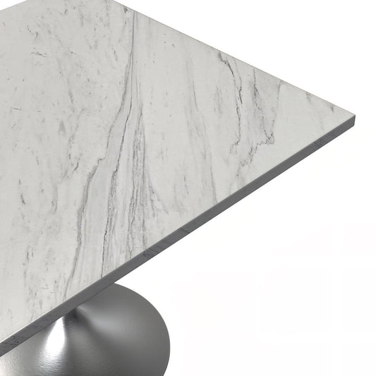 36 Square Dining Table, Brushed Base with Laminated White Marbleized Top