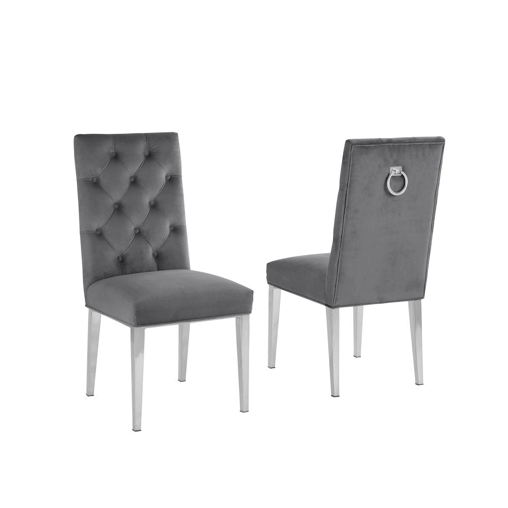 Dark Gray Velvet Tufted Dining Side Chairs, Chrome - Set of 2