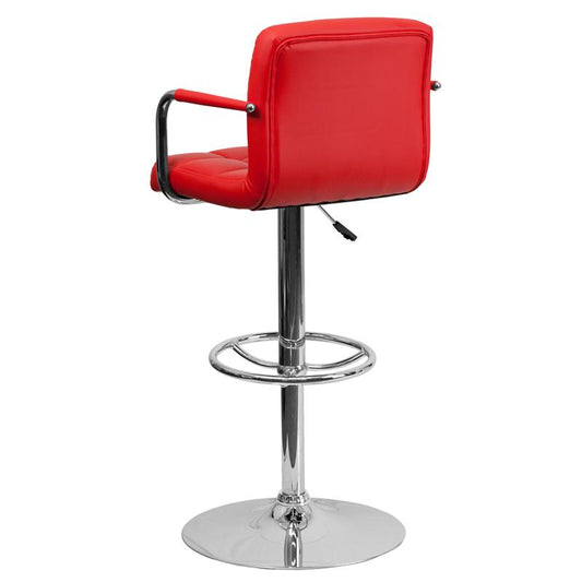 Red Quilted Vinyl Adjustable Height Barstool with Arms and Chrome Base
